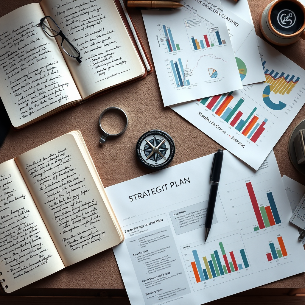 A photorealistic image depicting a top-down view of a meticulously organized strategist's desk. Various elements are present: notebooks filled with hand-written notes, meticulously arranged charts and graphs, a compass pointing North (symbolizing strategic direction), and a high-end pen resting on a strategic plan document. The lighting is soft and diffused, emphasizing the attention to detail and thoughtful planning. Color palette: muted tones of beige, gray, and brown, with pops of color from the charts and graphs. Camera angle: directly overhead, creating a sense of overview and control. Style reference: a flat-lay photography style, commonly used in lifestyle blogs. This image should communicate strategic thinking, planning, and attention to detail.
