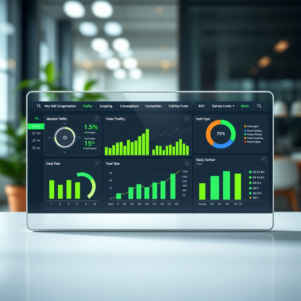 A photorealistic image of a crisp, modern dashboard displaying key performance indicators (KPIs) for a successful digital marketing campaign. The dashboard features visually appealing charts, graphs, and metrics, including website traffic, conversion rates, and ROI. The lighting is bright and clear, emphasizing the data and insights presented. The color palette is professional and clean, with accents of green to highlight positive results. The background is blurred, focusing attention on the dashboard. Style reference: Modern UI/UX design, clean and professional aesthetic. This image should communicate transparency, accountability, and a focus on delivering measurable results.