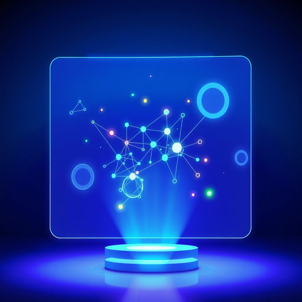 A stylized image representing data analysis. The central element is a holographic projection of a 3D data visualization, displaying complex networks and relationships. Abstract shapes and color-coded nodes pulse with light, indicating dynamic activity. Soft, ambient lighting illuminates the scene, creating a futuristic and sophisticated atmosphere. The color palette is primarily blue and purple, with accents of vibrant green and yellow to highlight key data points. Style reference: Inspired by sci-fi interfaces and data visualizations, aiming for a clean and informative representation of data-driven decision-making. The image conveys the power of data analysis in understanding and optimizing marketing strategies.